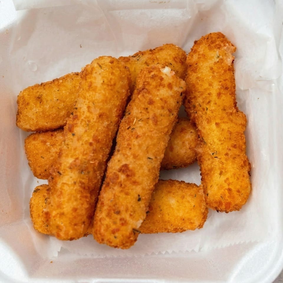 Golden brown fried mozzarella sticks with herbs, served in a white takeout container.