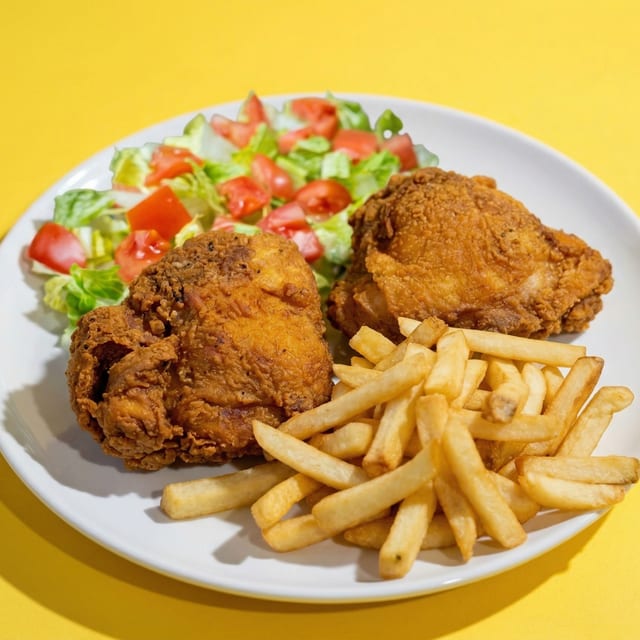 2 Pieces Chicken with Fries and Side of Salad.