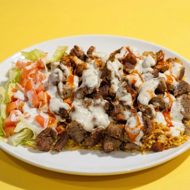 Chicken & Lamb Over Rice + Small Fries Special.