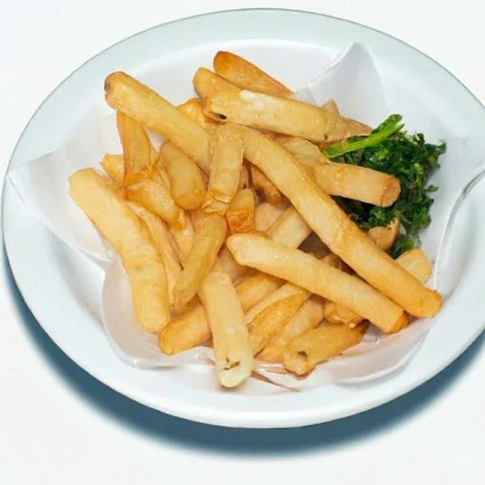 A white plate filled with golden french fries and a small side of green garnish.