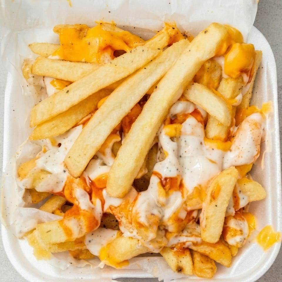 Golden french fries topped with melted cheese, white sauce, and black pepper in a white container.
