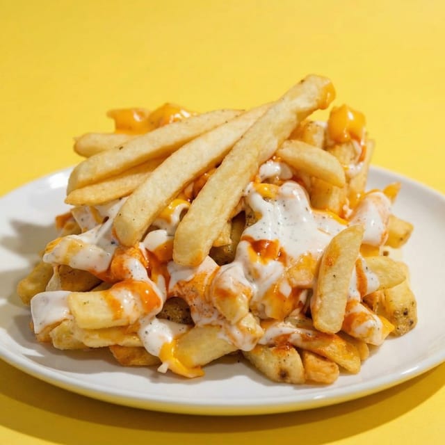 Cheese Fries With Sauce and Hot Sauce.