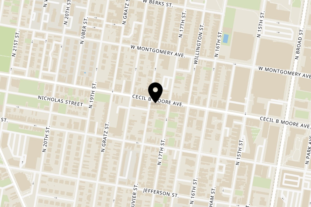 Map showing the location of Philly Fried Chicken (Halal) on 1714 Cecil B. Moore Ave in Philadelphia